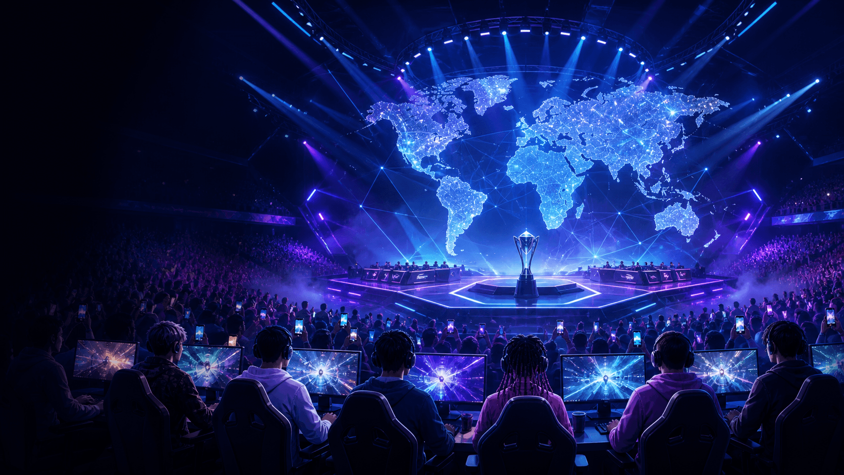 Scène internationale avec équipes esport et public