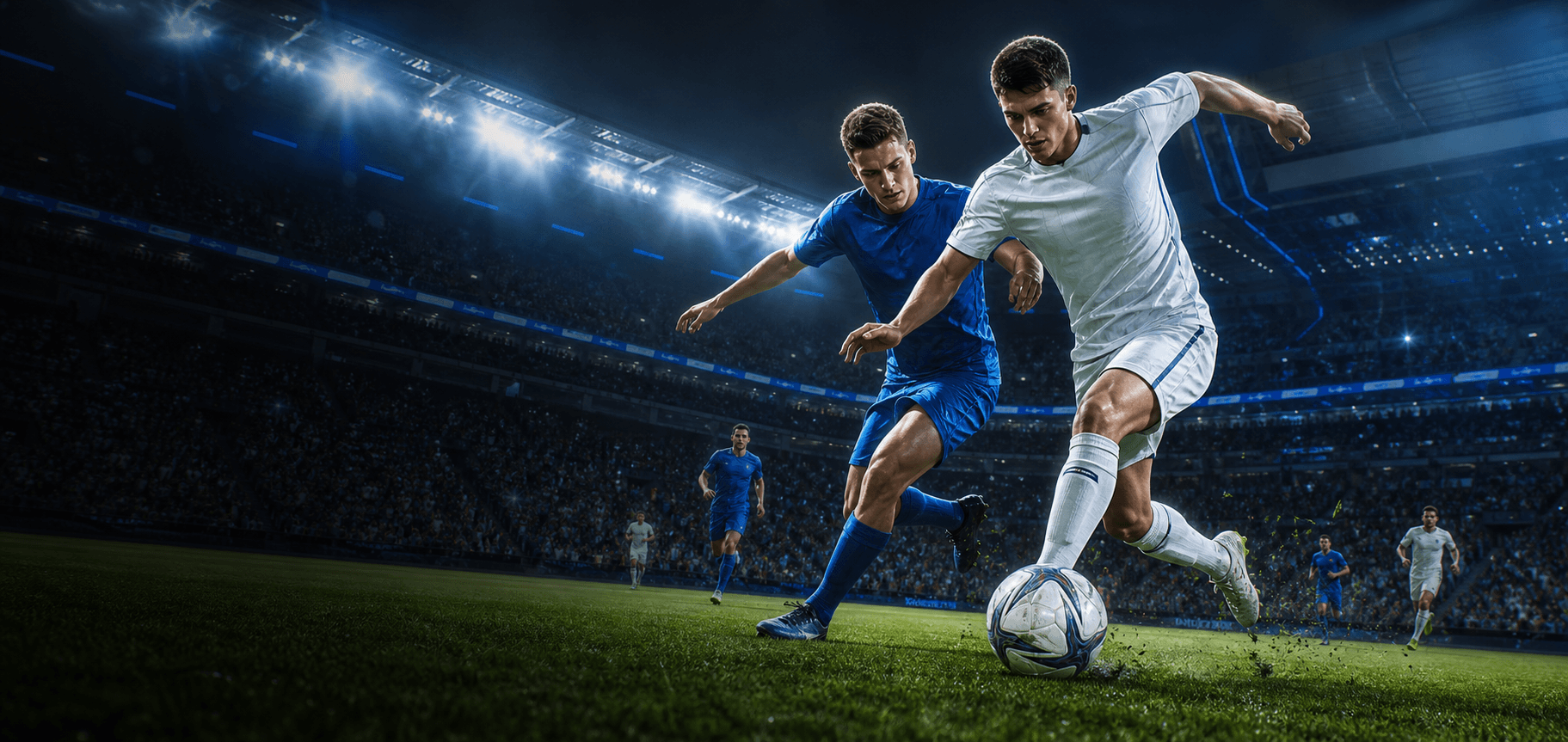 Deux footballeurs disputant le ballon dans un stade inspiré d’EA SPORTS FC