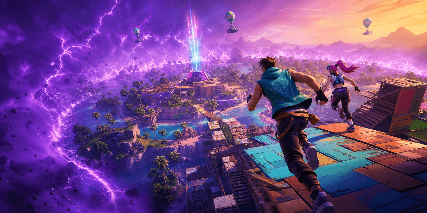 Joueurs courant sur des constructions au-dessus d’une île inspirée de Fortnite